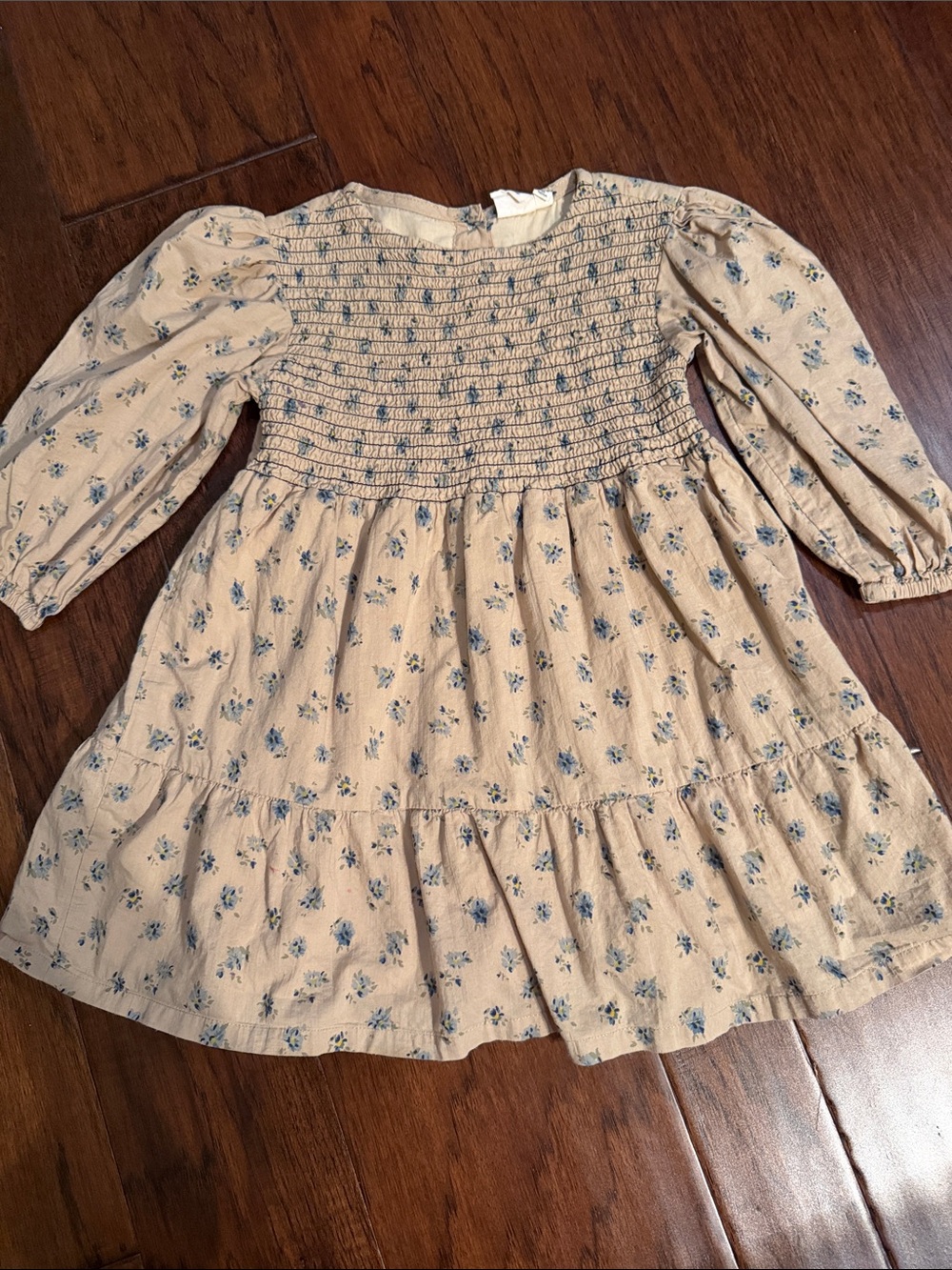 Emerald Beige Floral Smocked Long-Sleeve Dress